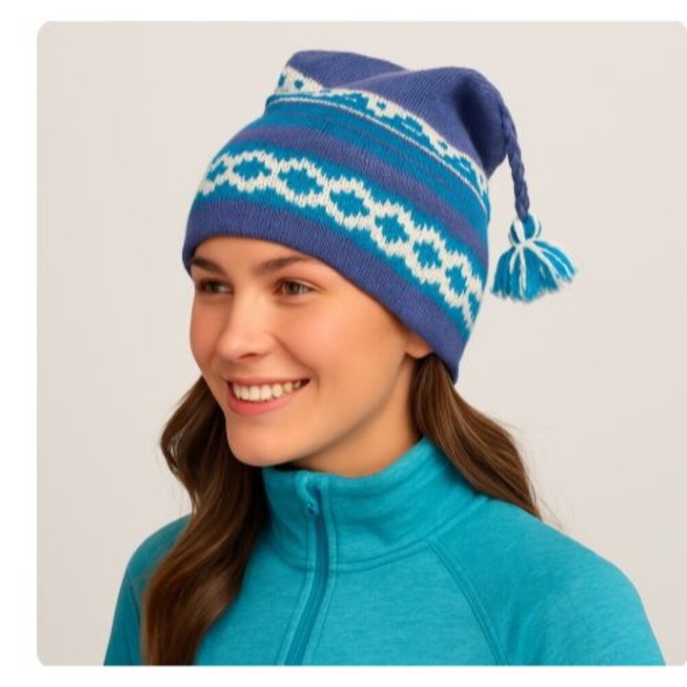 Rare Orage 100% Wool Slouchy Tassel Beanie Fair Isle Knit Streetwear Winter Hat